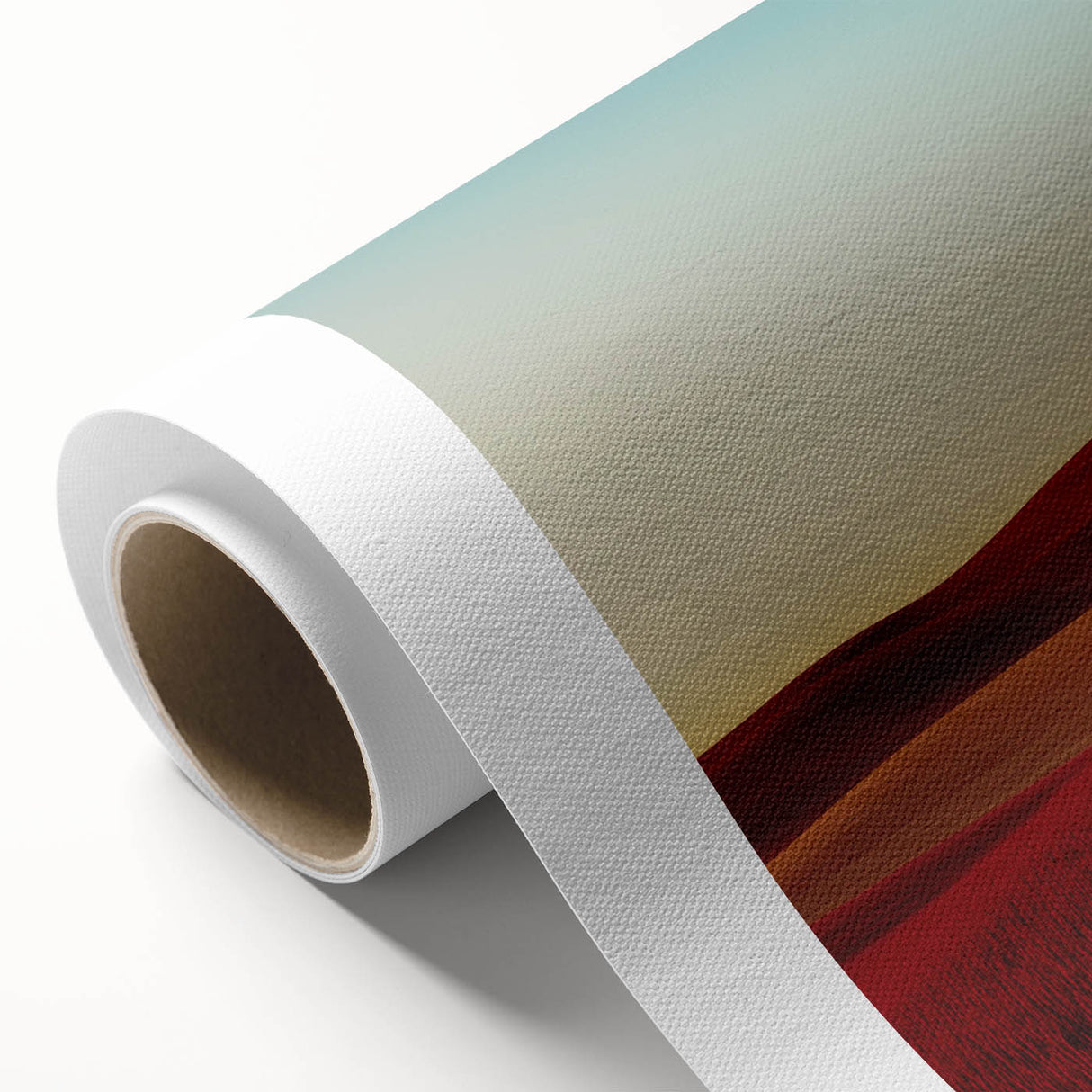 Vibrant rolled canvas showcasing a serene countryside landscape with rolling hills and a clear blue sky, packaged securely in a durable cardboard tube for safe delivery. Ideal for home decor and art enthusiasts seeking a touch of nature in their space.