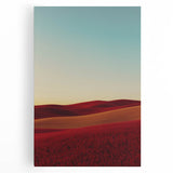 Stretched canvas artwork depicting a serene countryside landscape with rolling hills, vibrant greenery, and a tranquil sky, perfect for home decor.