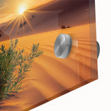 Close-up view of a vibrant desert landscape acrylic glass artwork showcasing warm hues of orange and yellow, perfect for modern home decor and art enthusiasts.