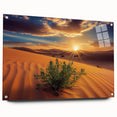 Acrylic glass landscape artwork depicting a vibrant desert scene, showcasing rich colors and intricate details, displayed in a contemporary side view with pins for mounting.