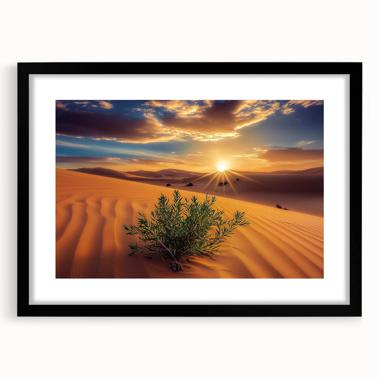 Desert landscape framed art print with a sleek black mat, showcasing vibrant hues of orange and yellow against a serene blue sky, ideal for modern home decor.