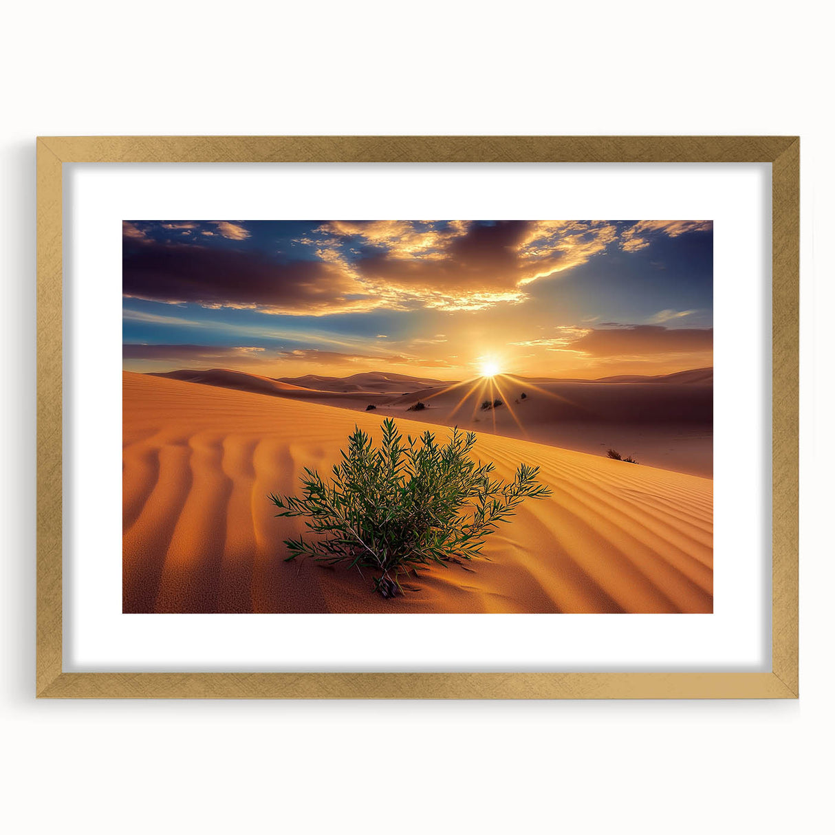 Desert landscape framed artwork featuring a gold mat and elegant frame, showcasing vibrant colors and intricate details, perfect for enhancing modern home decor.