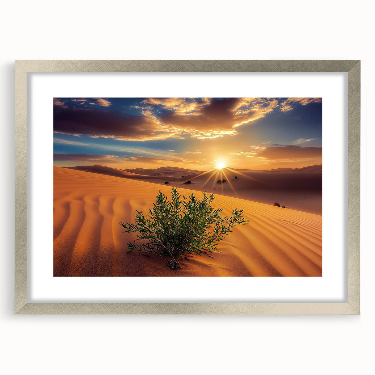 Framed desert landscape artwork with silver matting, showcasing vibrant hues of orange and blue, perfect for modern home decor and enhancing interior aesthetics.