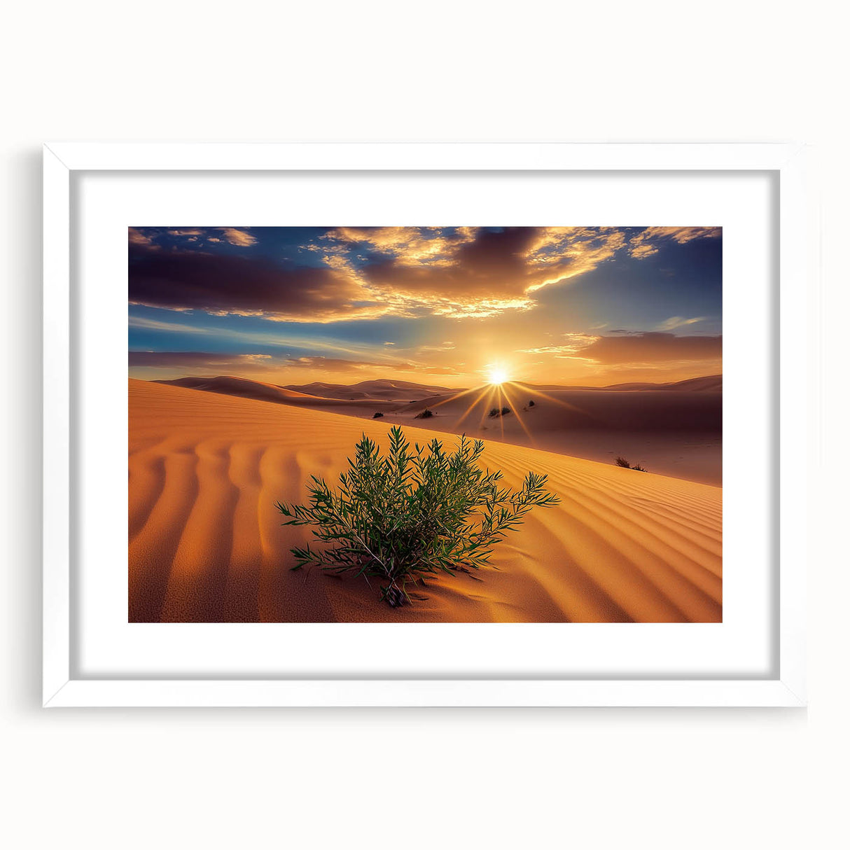 Desert landscape framed wall art featuring vibrant earth tones and a white mat, ideal for home decor or office spaces, showcasing serene desert scenery.