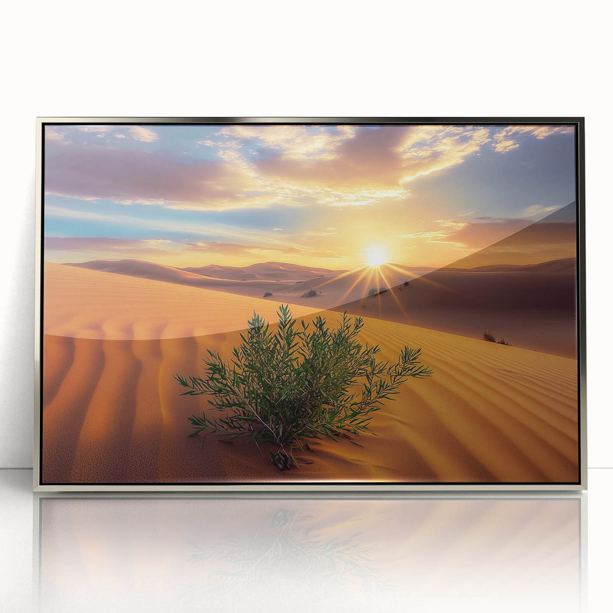 Framed acrylic artwork depicting a vibrant desert landscape with rich colors and intricate details, ideal for home decor or office settings, enhancing any modern space.
