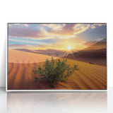 Framed acrylic artwork showcasing a vibrant desert landscape with warm hues of orange and yellow, elegantly displayed in a sleek white frame, perfect for home decor.