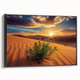 Framed canvas artwork depicting a vibrant desert landscape, showcasing warm earth tones and intricate details, viewed from the side against a neutral background.