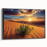 Framed canvas artwork depicting a vibrant desert landscape, showcasing warm earth tones and intricate details, viewed from the side against a neutral background.