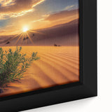 Close-up of a framed canvas depicting a vibrant desert landscape with warm tones of orange and yellow, showcasing unique textures and details ideal for home decor.