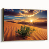 Framed canvas artwork depicting a desert landscape with warm gold tones, showcasing vibrant hues and intricate details, perfect for modern home decor.