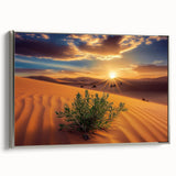 Framed canvas art depicting a serene desert landscape with soft hues of beige and gold, accented by a sleek silver frame, perfect for modern home decor.