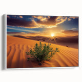 Framed canvas artwork depicting a serene desert landscape with warm earthy tones and soft sunlit hues, elegantly displayed from a white side view, ideal for home decor.
