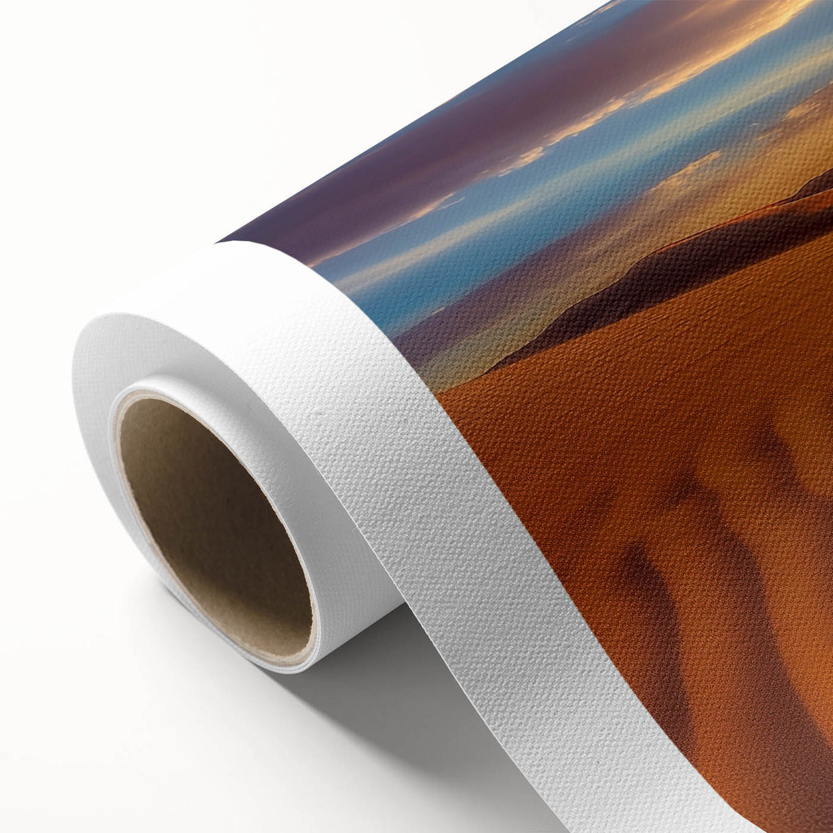 Desert landscape rolled canvas art showcasing vibrant orange and yellow hues with intricate details, ideal for enhancing home decor and creating a warm ambiance.