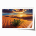 Desert landscape rolled print showcasing vibrant hues of orange and gold, depicting a serene sunset over sandy dunes, ideal for home decor enthusiasts.