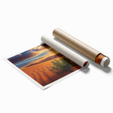 Vibrant desert landscape rolled print showcasing rich earthy tones and dramatic mountains, beautifully packaged in a protective cardboard tube for easy transport.