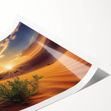 Desert landscape rolled print showcasing vibrant hues of orange and gold, depicting a serene sunset over sand dunes, packaged in a protective cardboard tube.