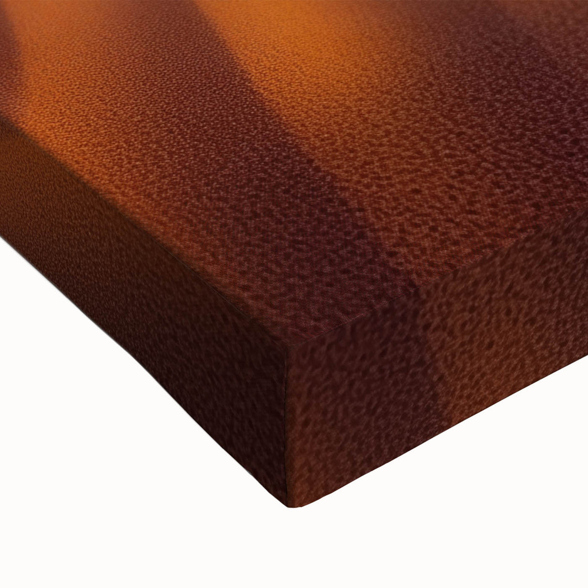 Close-up of a stretched canvas showcasing a vibrant desert landscape with rich orange and gold hues, perfect for home decor and art enthusiasts.