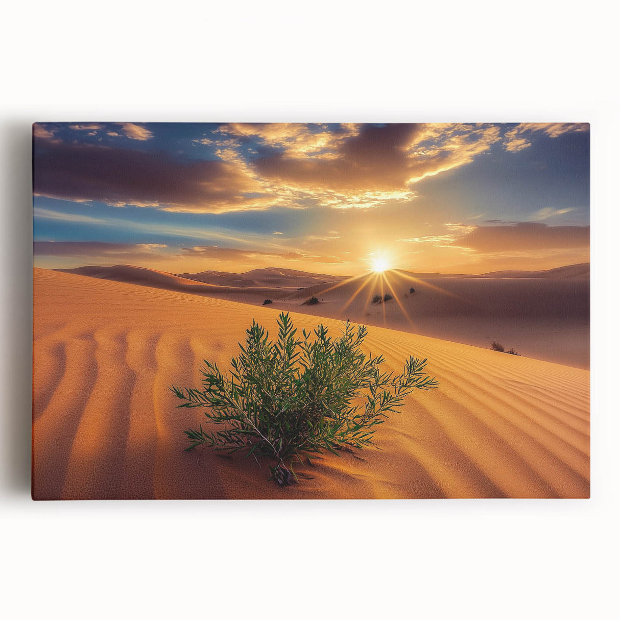 Stretched canvas artwork depicting a vibrant desert landscape at sunset, showcasing rich oranges and yellows, ideal for home decor and art enthusiasts.