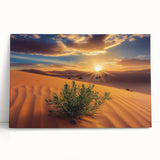 Desert landscape stretched canvas artwork showcasing vibrant orange and red hues of the sunset, elegantly leaning against a neutral wall, perfect for home decor.
