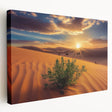 Stretched canvas artwork depicting a vibrant desert landscape with warm hues of orange and yellow, showcasing unique rock formations and a serene sky, ideal for home decor.