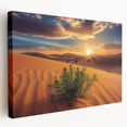 Stretched canvas artwork depicting a vibrant desert landscape with warm hues of orange and yellow, showcasing unique rock formations and a serene sky, ideal for home decor.