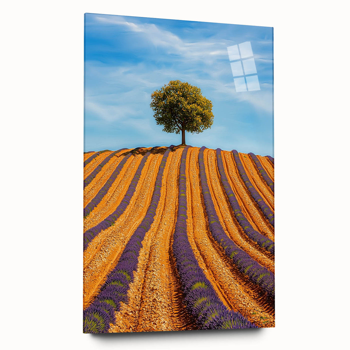 Vibrant acrylic landscape artwork depicting lush green fields under a bright blue sky, presented in a sleek glass frame, perfect for modern home decor.