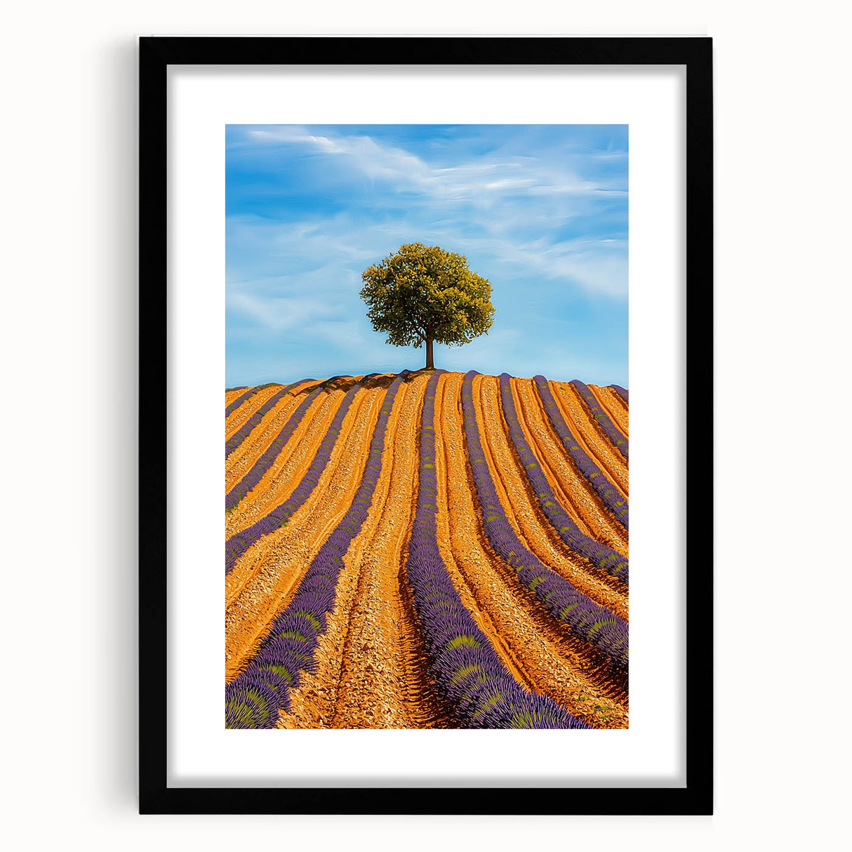 Black-framed landscape artwork featuring vibrant green fields and a serene sky, designed with a mat for an elegant presentation, perfect for home decor.