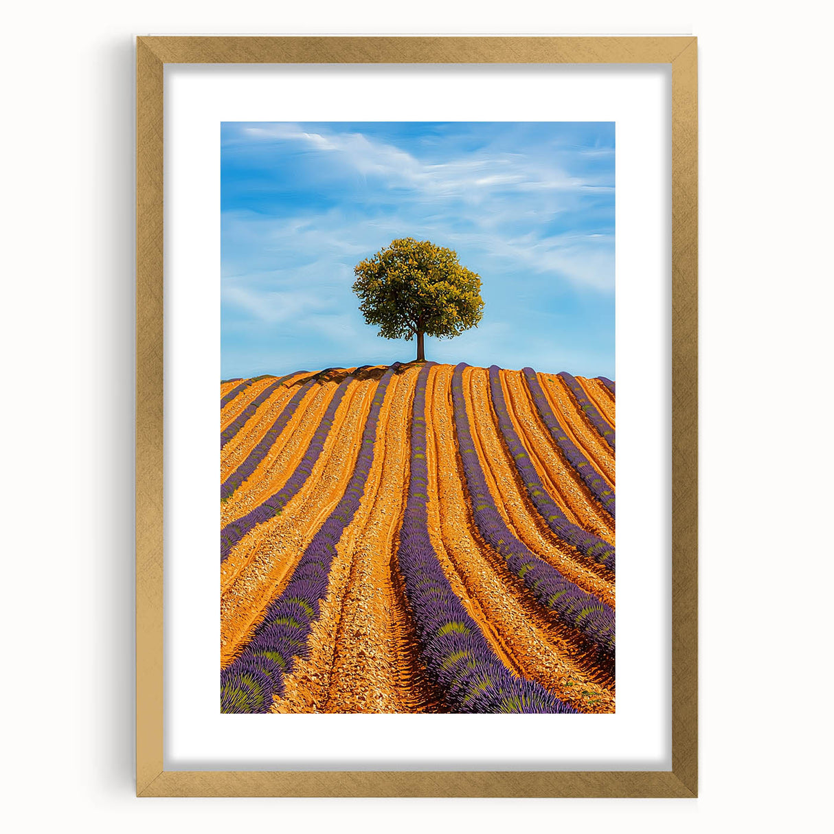 Elegant gold-framed landscape artwork featuring vibrant fields and a mat border, ideal for home decor. Perfect for adding a touch of sophistication to living spaces.