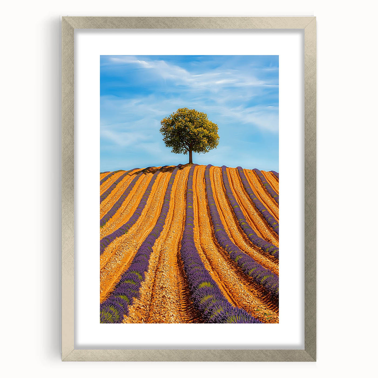 Silver-framed landscape artwork featuring vibrant green fields and a blue sky, elegantly matted for a refined presentation, ideal for home decor enhancement.