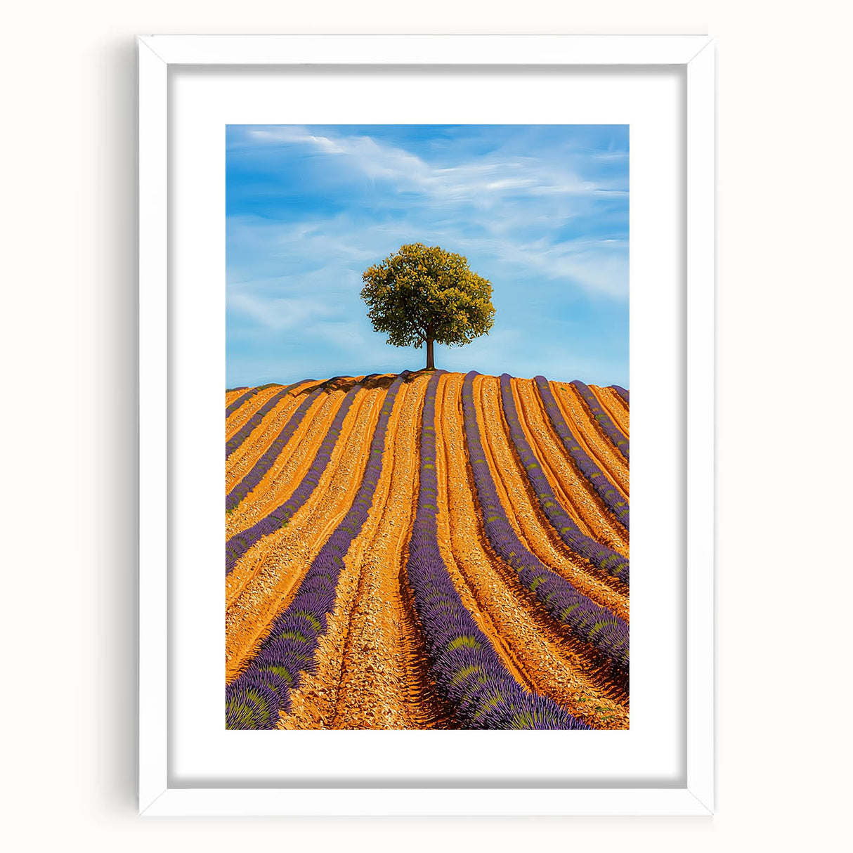 Framed landscape artwork depicting vibrant green fields under a clear blue sky, featuring a white mat for an elegant presentation, ideal for home decor.