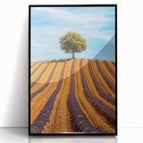Framed acrylic artwork showcasing a vibrant landscape with fields in various shades of green and gold, set against a sleek black frame, ideal for modern decor.