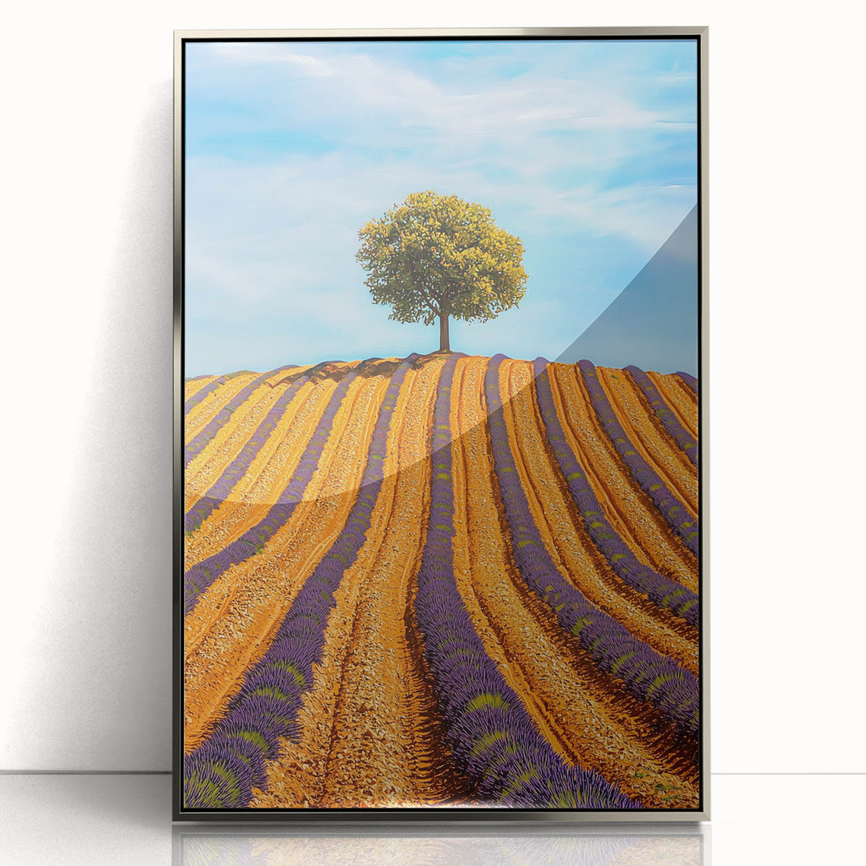 Framed acrylic artwork showcasing a serene landscape with lush green fields and a silver border, designed to enhance modern home decor and interior spaces.