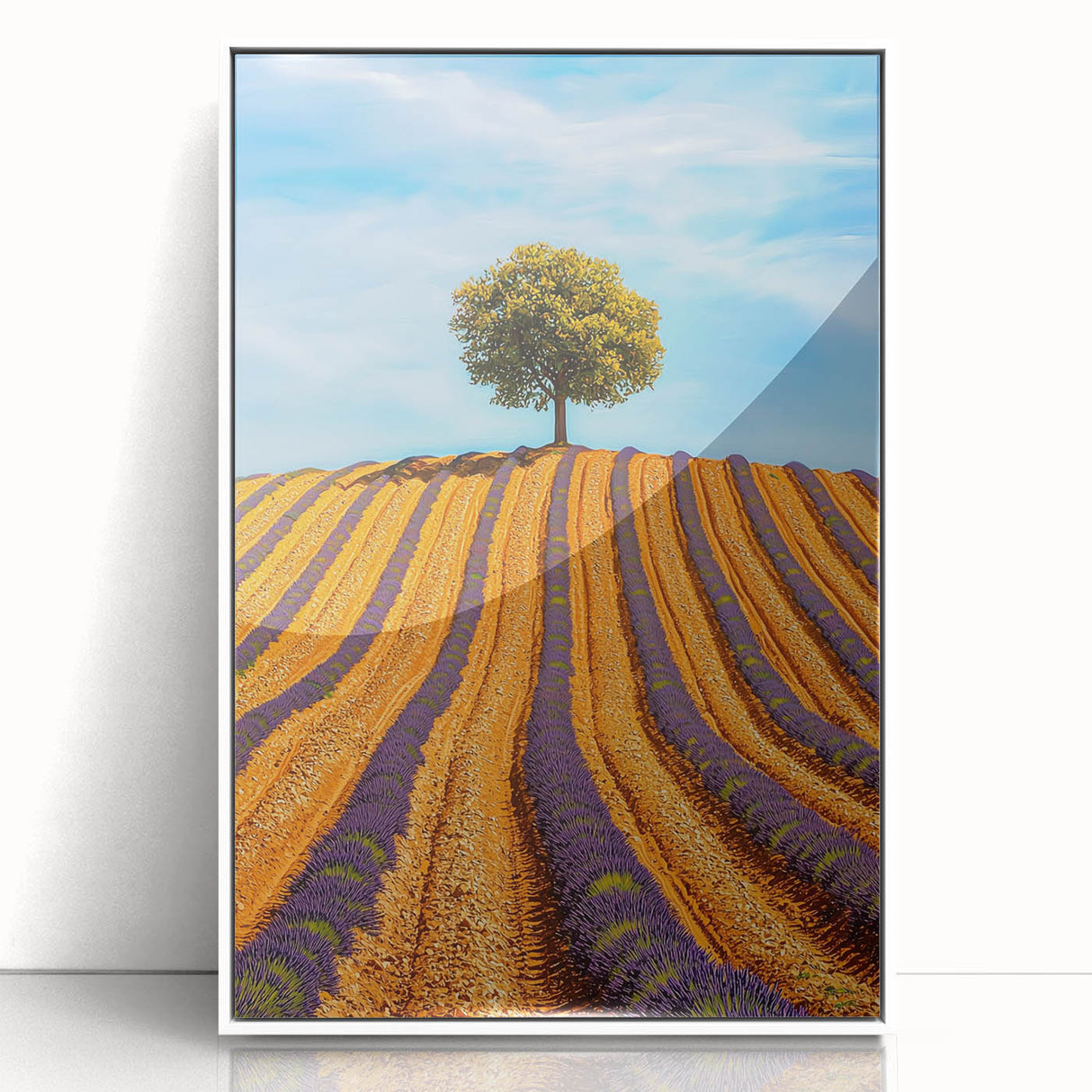 Framed acrylic artwork showcasing a vibrant landscape of rolling fields, highlighted with lush greenery and a clear blue sky, set in a sleek white frame.