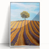 Framed acrylic artwork showcasing a vibrant landscape of rolling fields, highlighted with lush greenery and a clear blue sky, set in a sleek white frame.