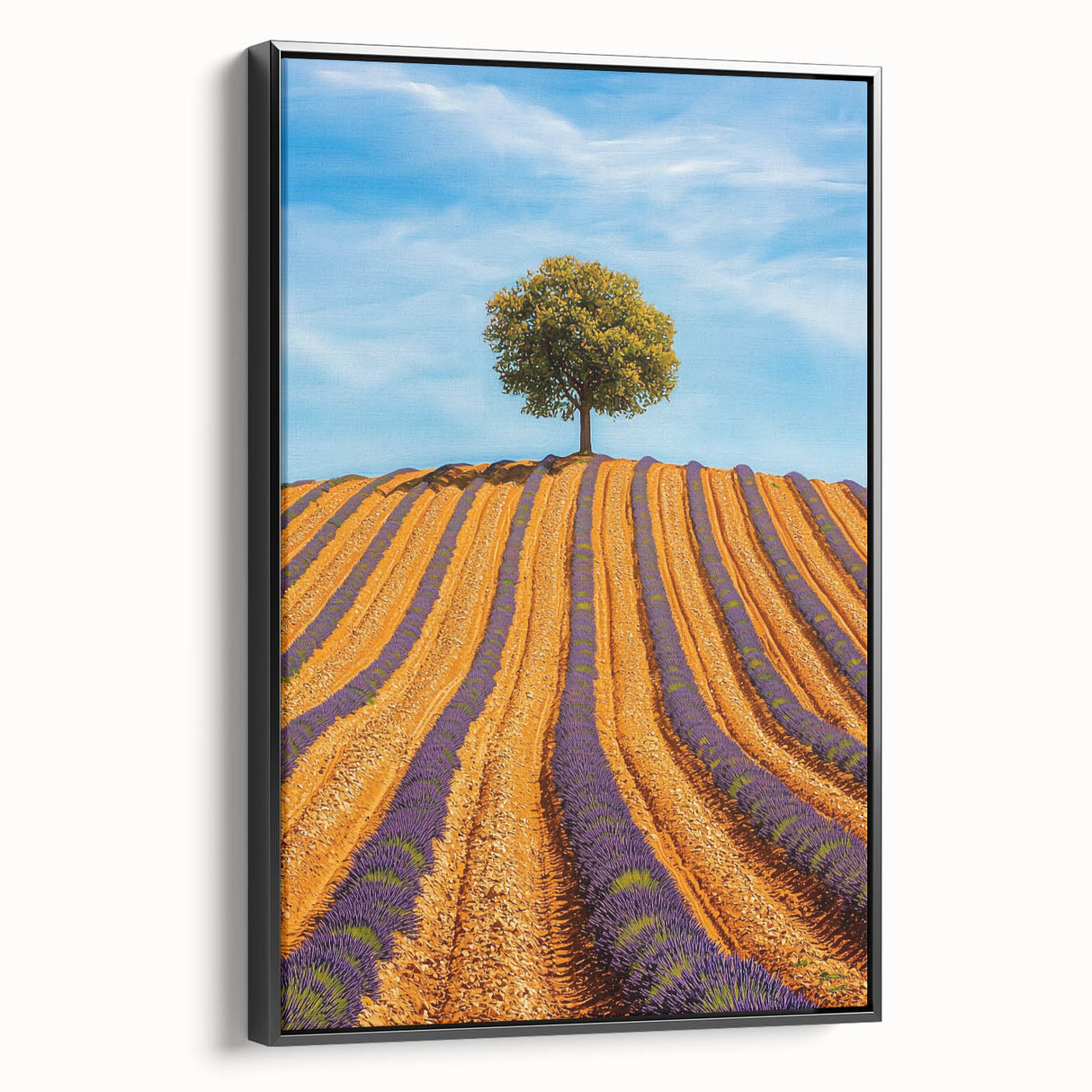 Framed canvas art showcasing a vibrant landscape of rolling fields, presented in a sleek black frame, perfect for enhancing modern home decor. Ideal for nature enthusiasts.