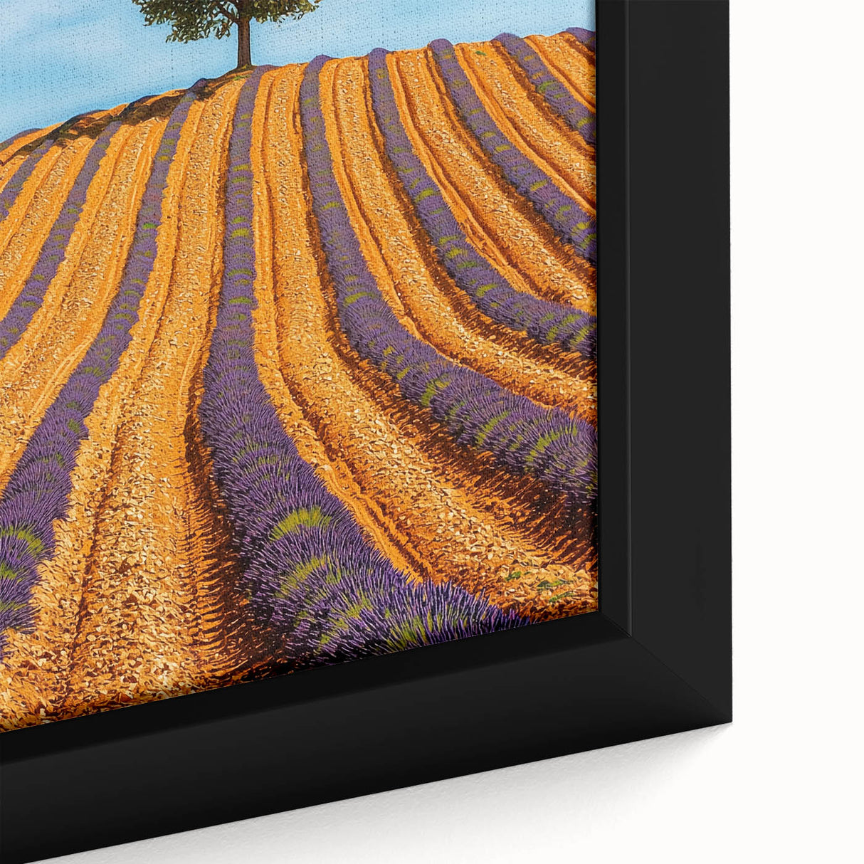 Vibrant close-up of a framed canvas artwork depicting a serene landscape with lush green fields and a clear blue sky, perfect for home decor.