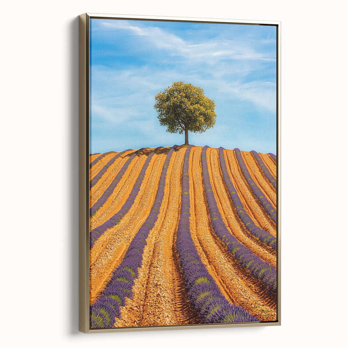 Framed canvas artwork showcasing a serene landscape of golden fields under a bright blue sky, elegantly displayed from the side to highlight its textured finish and modern design. Perfect for enhancing home decor with a touch of nature-inspired elegance.
