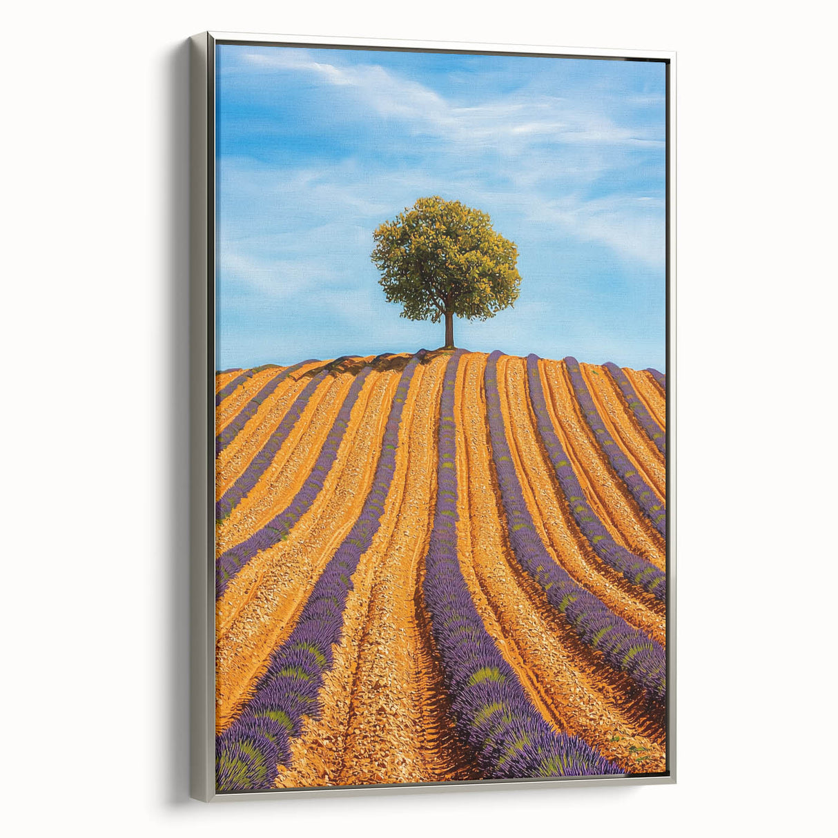 Framed canvas artwork showcasing a serene landscape of rolling fields in vibrant greens and golds, with a sleek silver frame enhancing its elegance and depth.