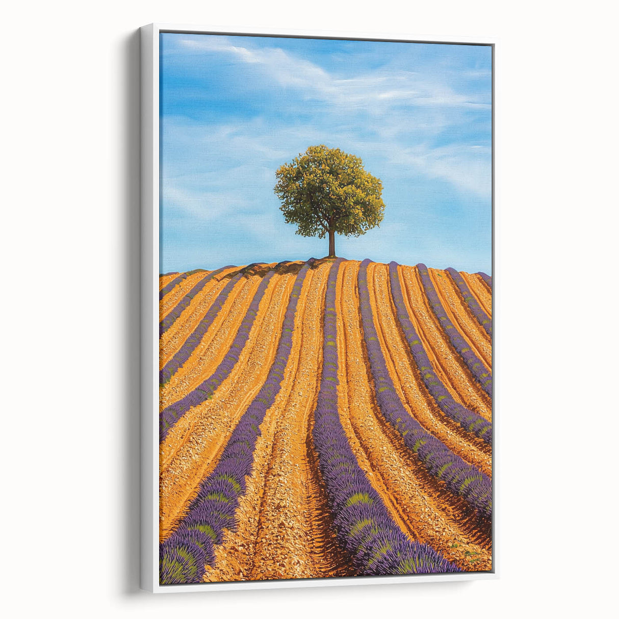 Framed canvas artwork depicting serene green fields under a blue sky, showcasing a side view that highlights the white frame's elegance and craftsmanship. Perfect for enhancing home decor and creating a calming atmosphere.
