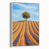 Framed canvas artwork depicting serene green fields under a blue sky, showcasing a side view that highlights the white frame's elegance and craftsmanship. Perfect for enhancing home decor and creating a calming atmosphere.