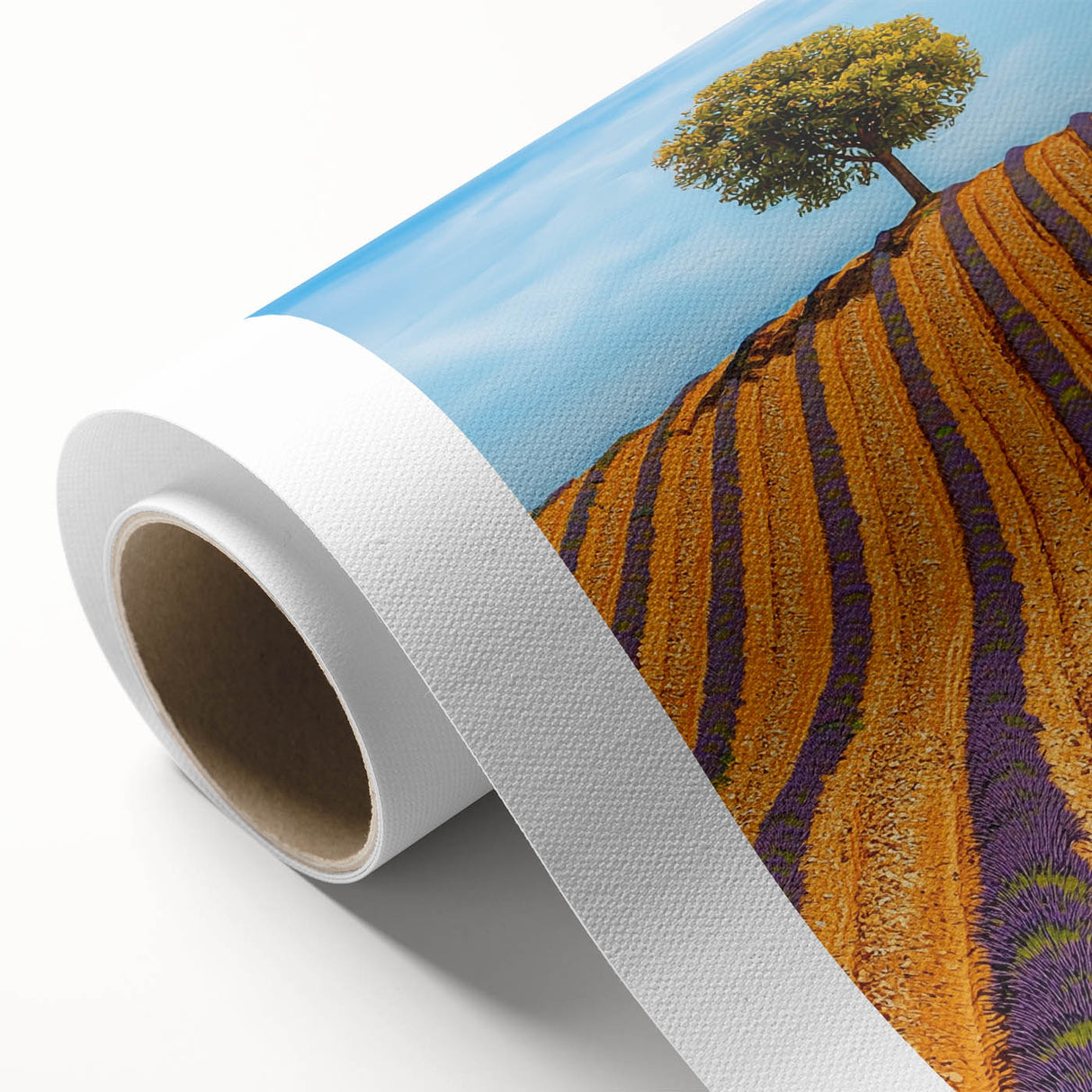 Vibrant rolled canvas art depicting lush green landscapes under a blue sky, showcasing a serene natural scene, ideal for home decor or office spaces.