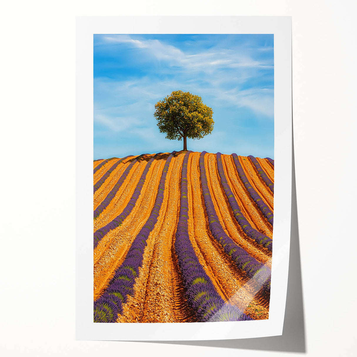Vibrant rolled print of a serene landscape featuring lush green fields under a clear blue sky, elegantly packaged in a protective cardboard tube for easy transport.