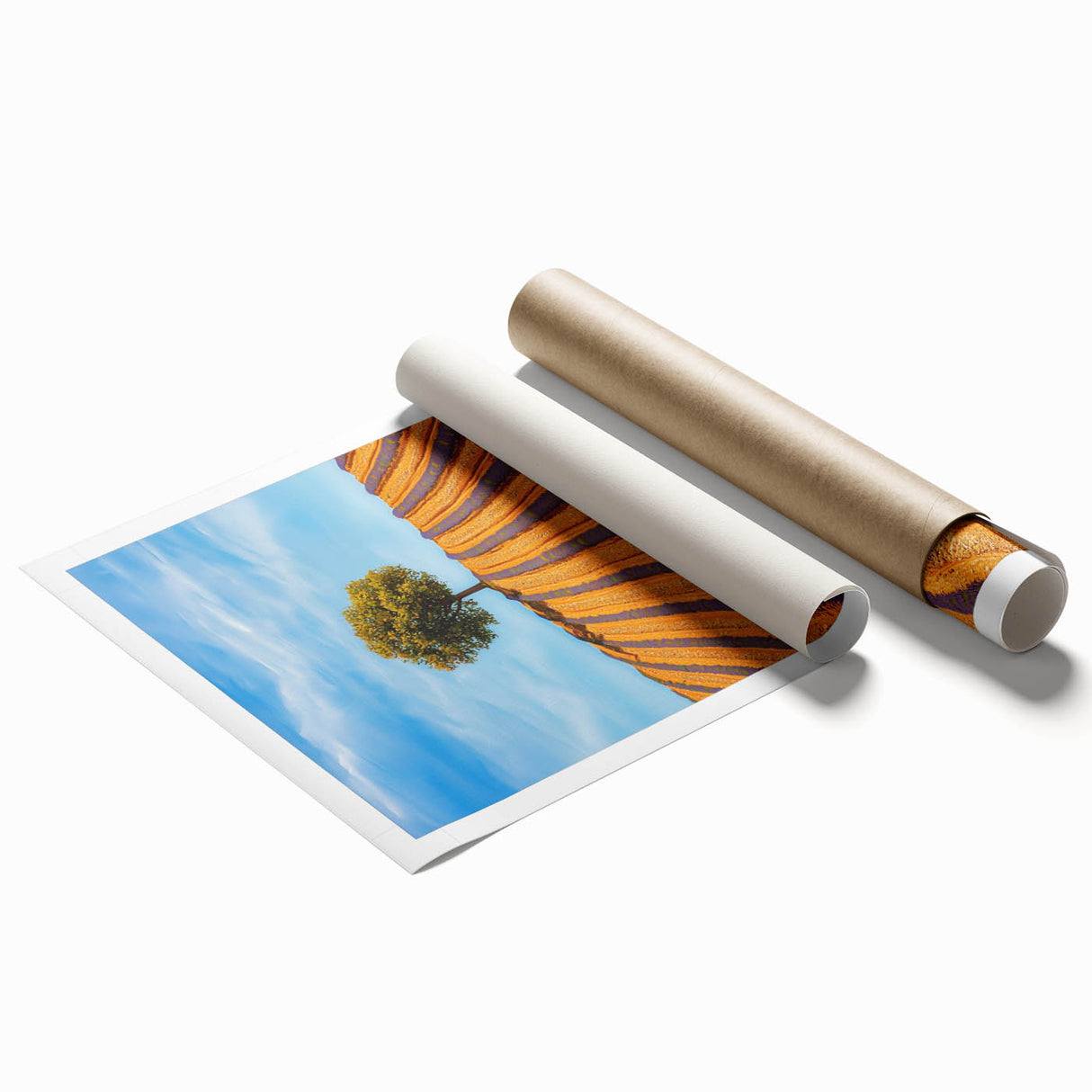 Vibrant landscape print showcasing lush green fields under a bright blue sky, rolled and ready for framing, ideal for home decor enthusiasts seeking nature-inspired art.