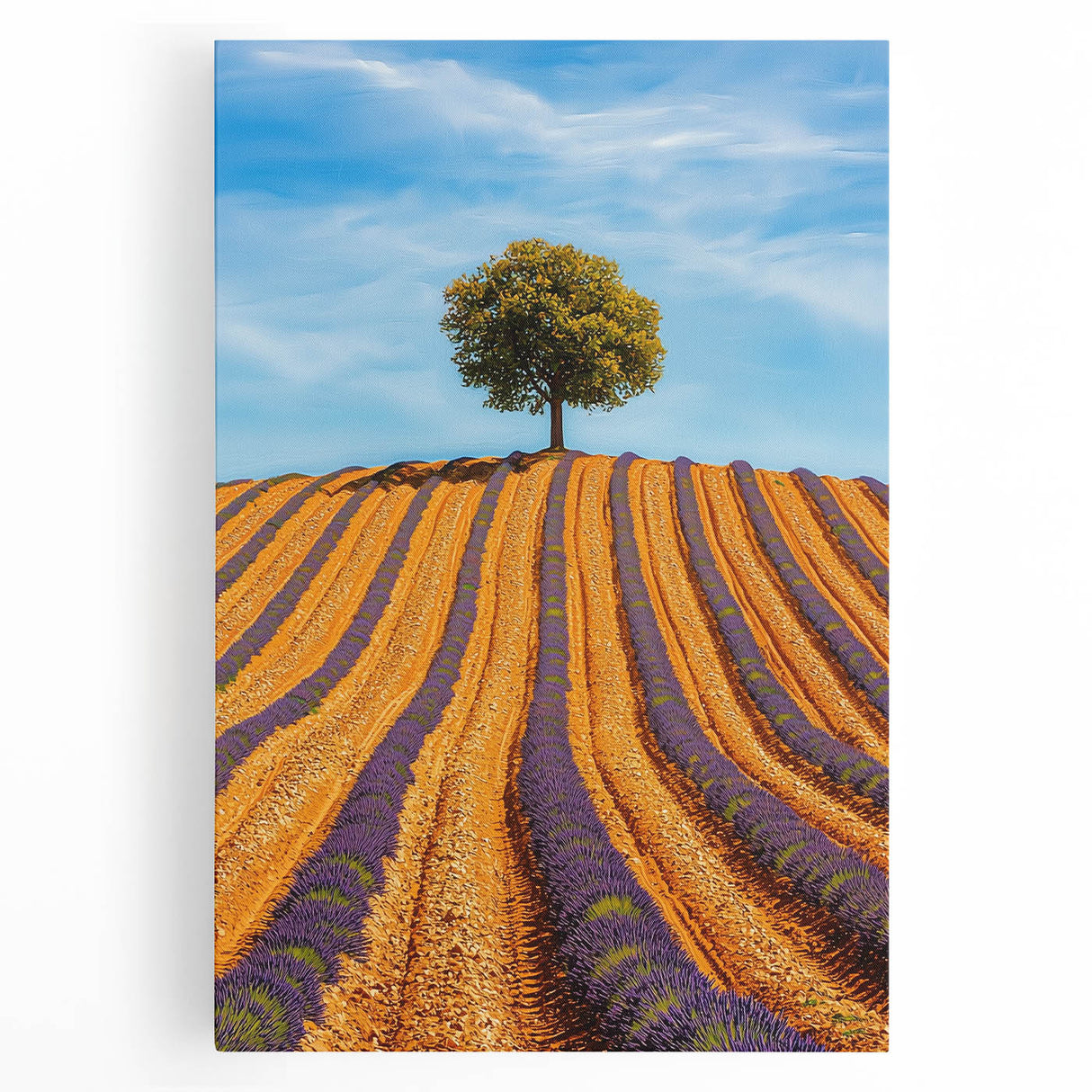 Vibrant stretched canvas artwork depicting a serene landscape with rolling fields under a bright blue sky, ideal for enhancing home decor with a natural theme.