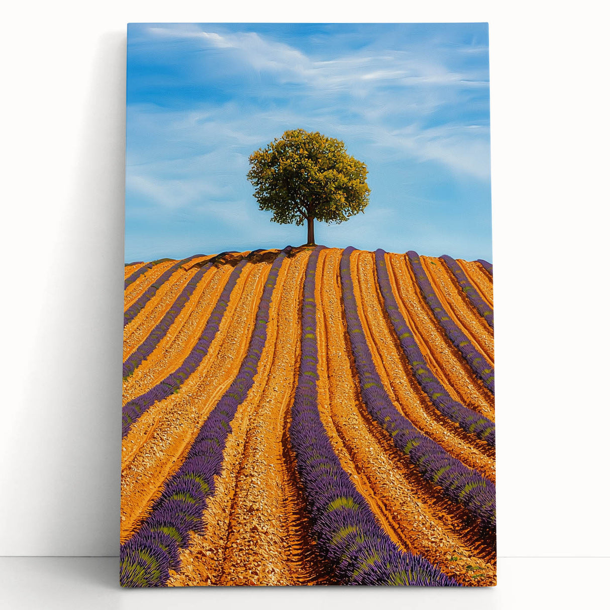 Stretched canvas artwork depicting vibrant green fields under a clear blue sky, leaning against a rustic wall, perfect for enhancing home decor with nature-inspired aesthetics.