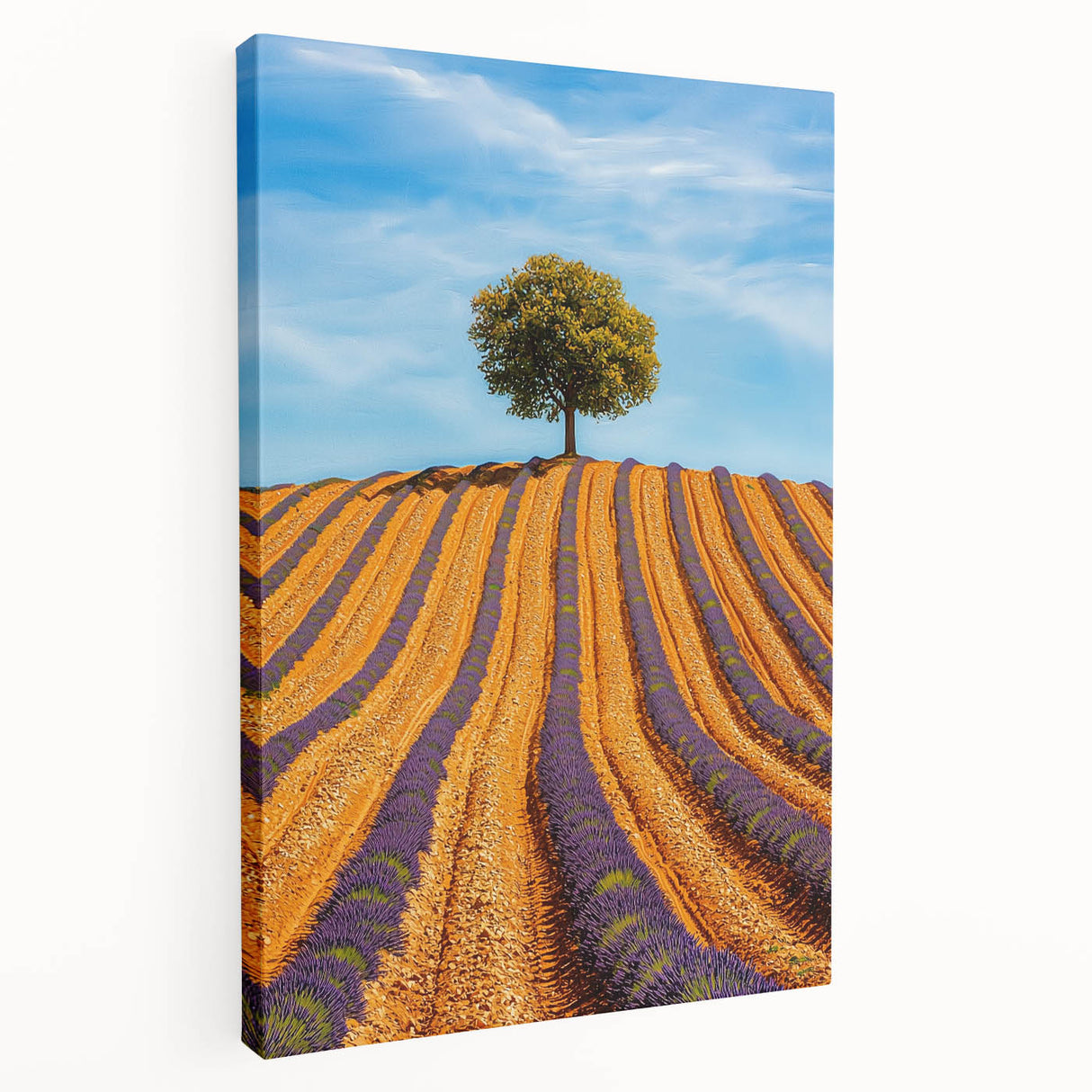 Stretched canvas artwork showcasing a vibrant landscape of green fields under a blue sky, emphasizing natural beauty and tranquility. Ideal for home decor.