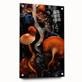 Abstract art print featuring close-up elements in muted earth tones on acrylic glass.