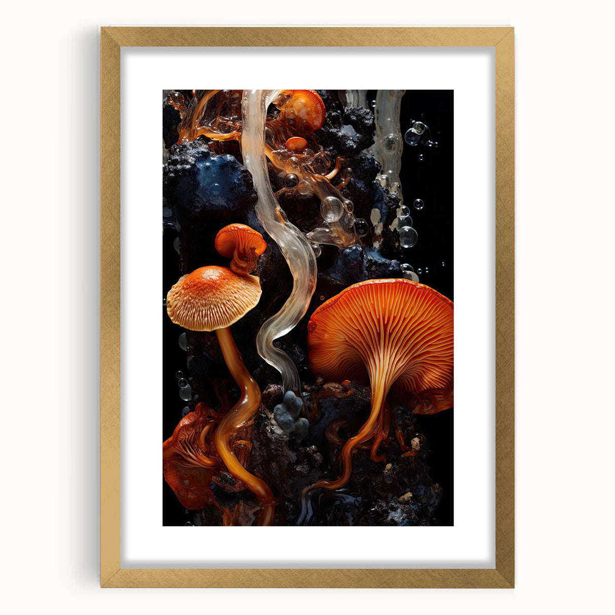 Extra large abstract art print with textured elements in gold and cream tones, framed in gold, ideal for living room decor.