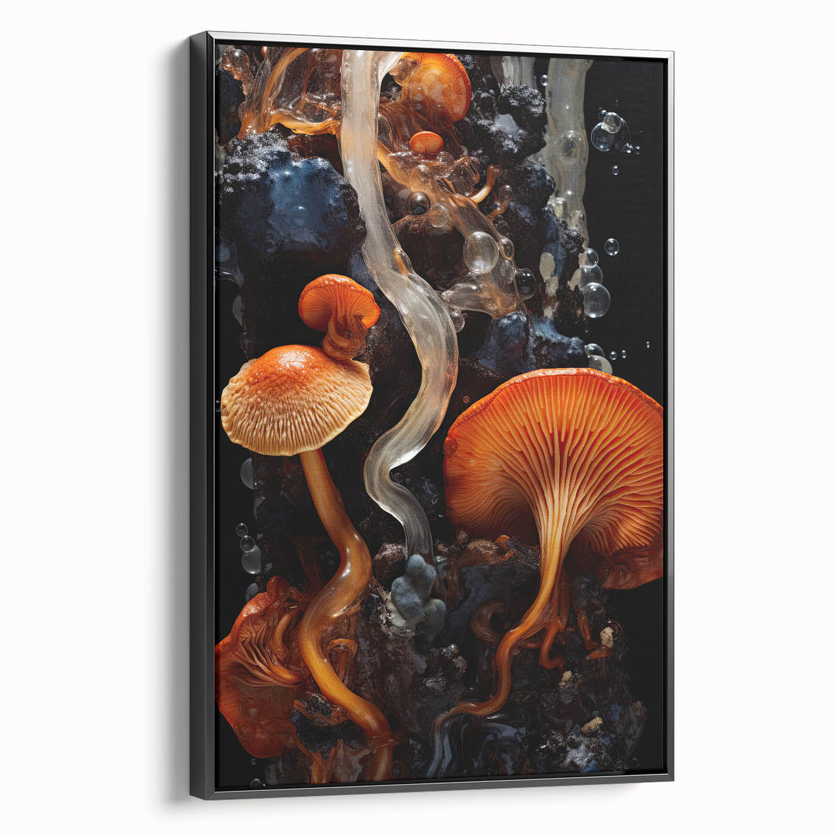 Large abstract wall art in black and white, framed canvas, featuring mid-century modernist style.