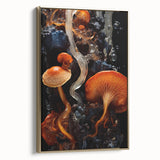 Large art print of natural elements in gold and beige on framed canvas, reflecting mid-century modernist style.